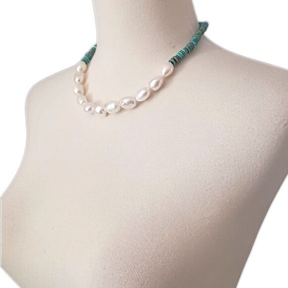 Turquoise Baroque Pearl Necklace Sterling Silver Toggle WW Kingman Western - Picture 10 of 16